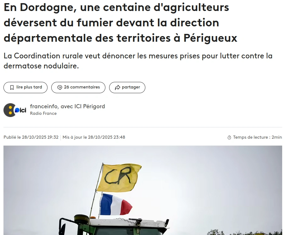 capture d'écran France Infi drapeau tricolore sur gros tracteur manifestant de la coordination rurale de Dordogne