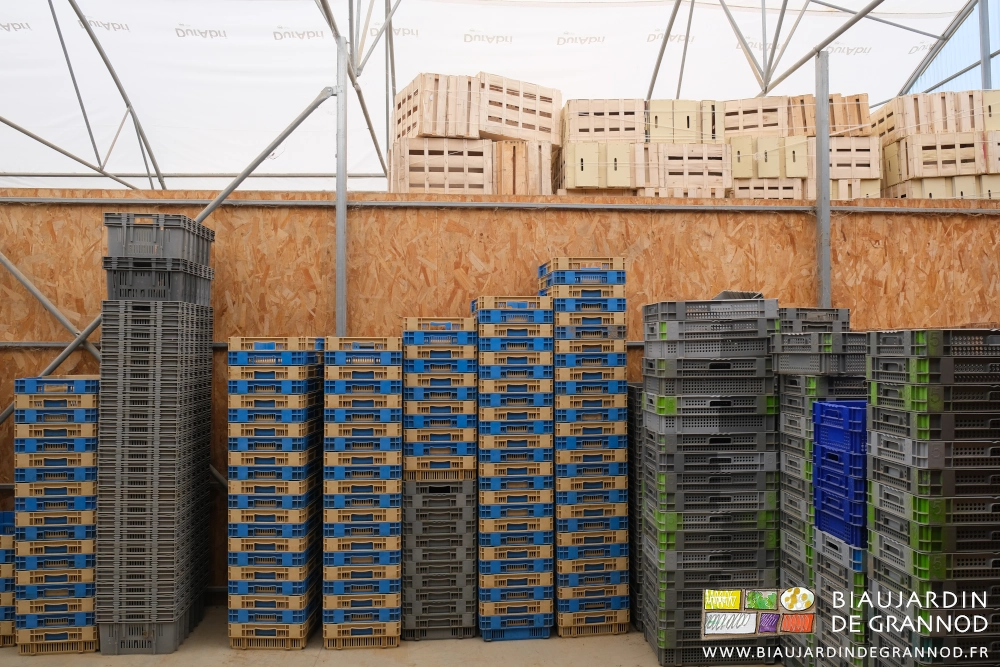 photo de plusieurs piles de cagettes de diverses couleurs