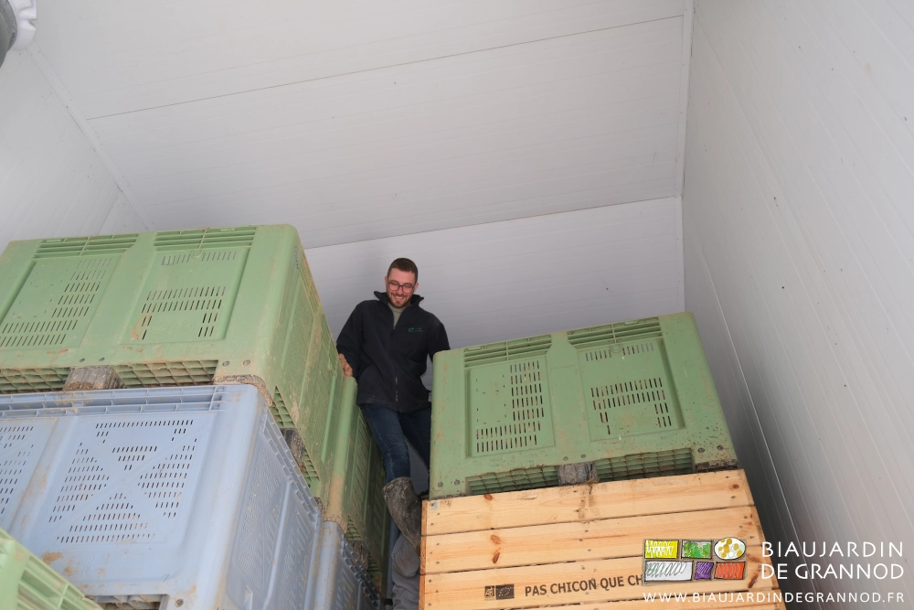 photo de Matthieu souriant grimpé sur 5 palox pour sortir un rouge gorge de la chambre froide