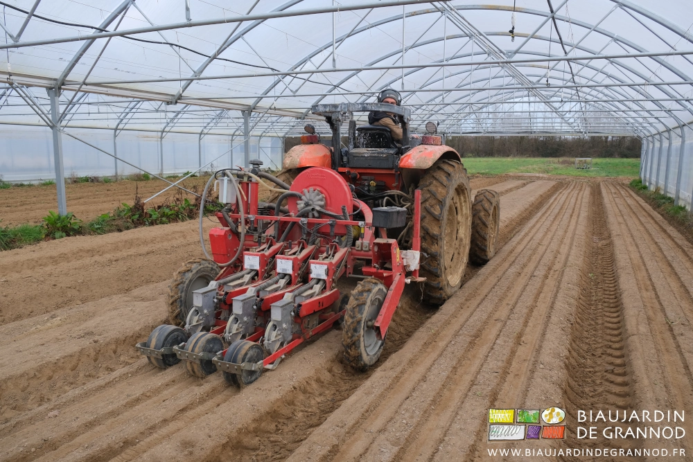 photo de Matthieu semant sous bi-tunnel avec le Agricola acheté d'occasion