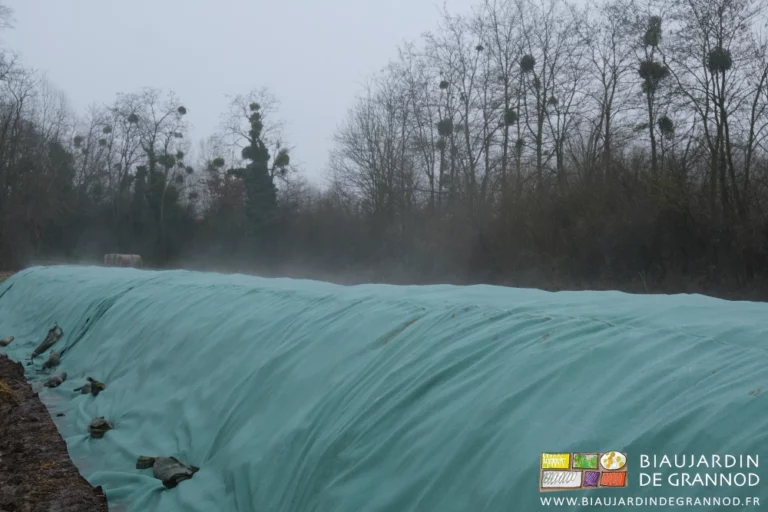 photo proche de la vapeur sortant du tas à travers le géotextile vert en polypropylène tissé