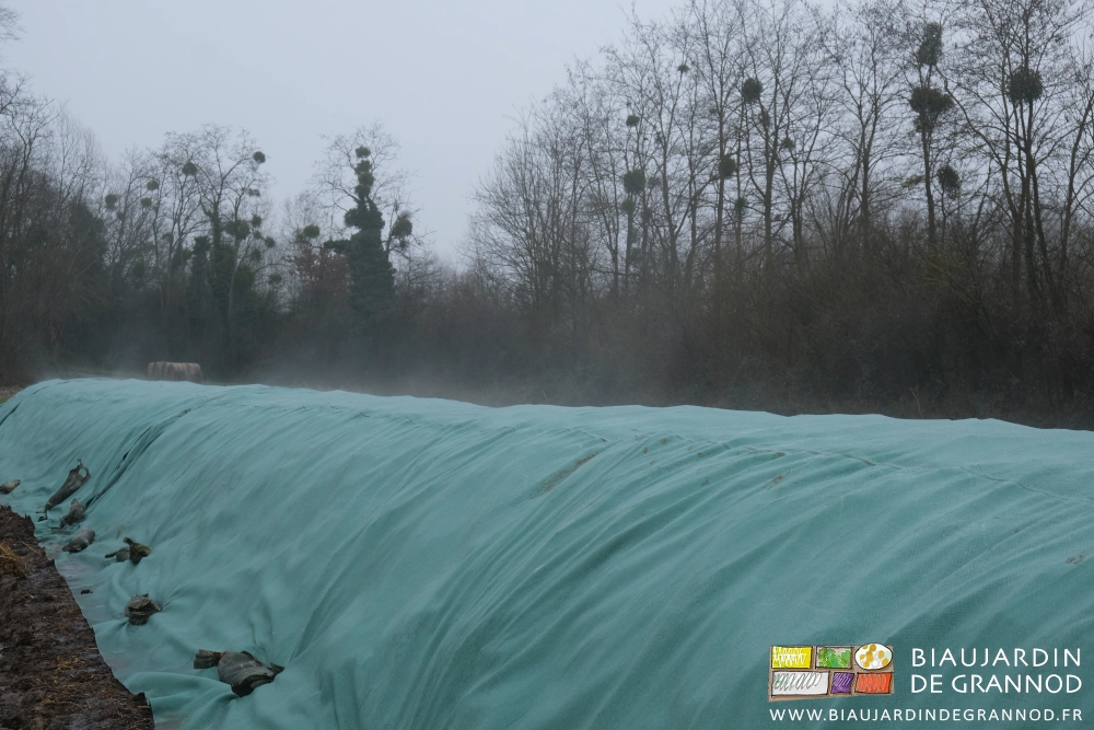 photo proche de la vapeur sortant du tas à travers le géotextile vert en polypropylène tissé