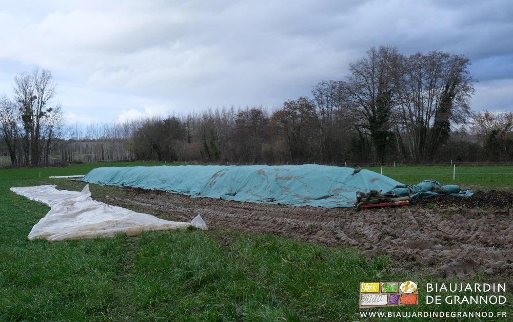 photo sous ciel gris et très humide du tas de fumier allongé couvert de la bâche verte