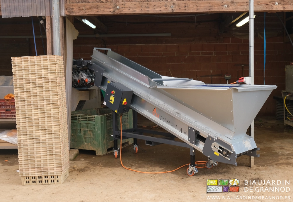 photo d'ensemble du déterreur avec le palox en dessous des rouleaux