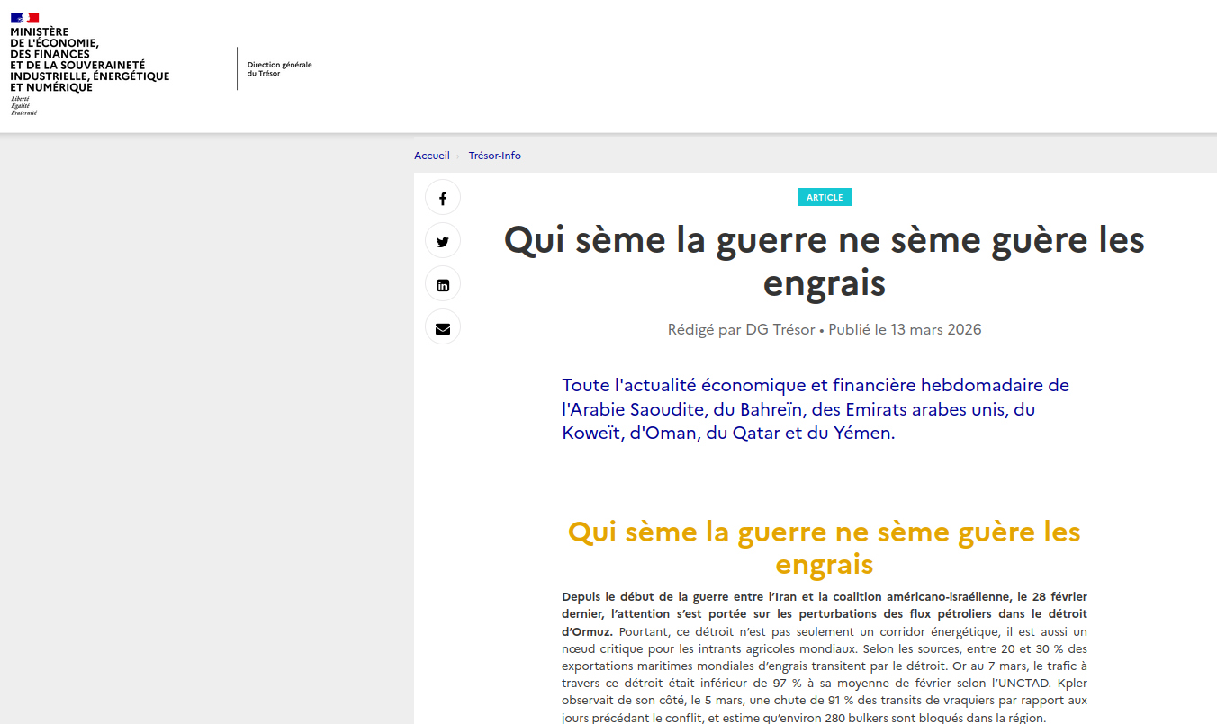 titre de note DG Trésor "qui sème la guerre ne sème guerre des engrais"
