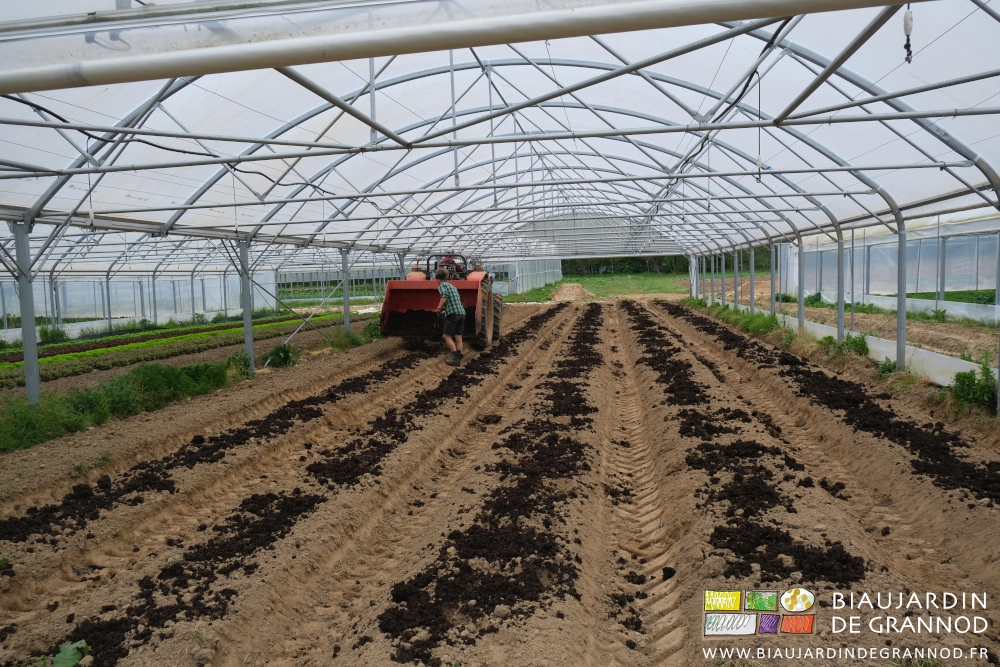 photo sous tunnel de Myke tirant peu à peu au croc le fumier qui tombe sur les planches
