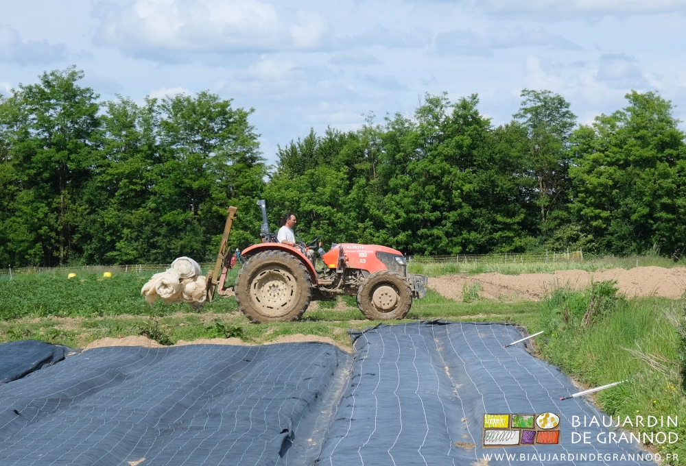 photo de Vivne au tracteur tranporatnt sur le mât lève-palette des voiles blancs non-tissés de protection thermqiue