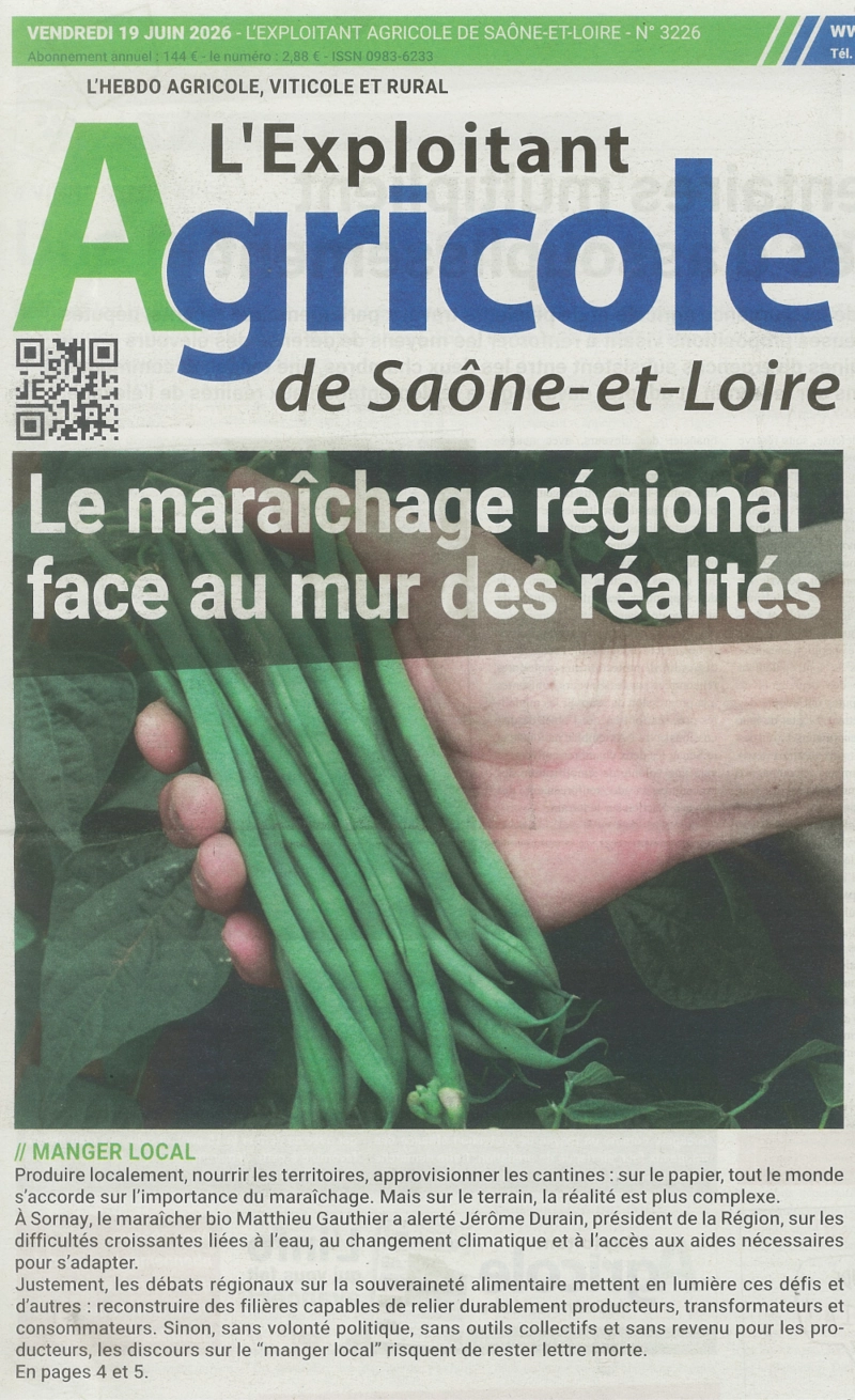 Journal Exploitant Agricole titra le maraîchage régional face au mur des réalités et photo haricots dans une main
