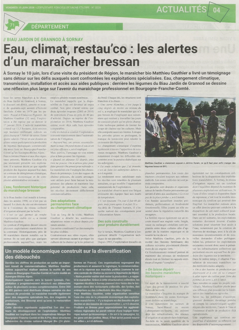 article illustré page titrée Eau, climat, restau Co les alertes d'un maraîcher bressan