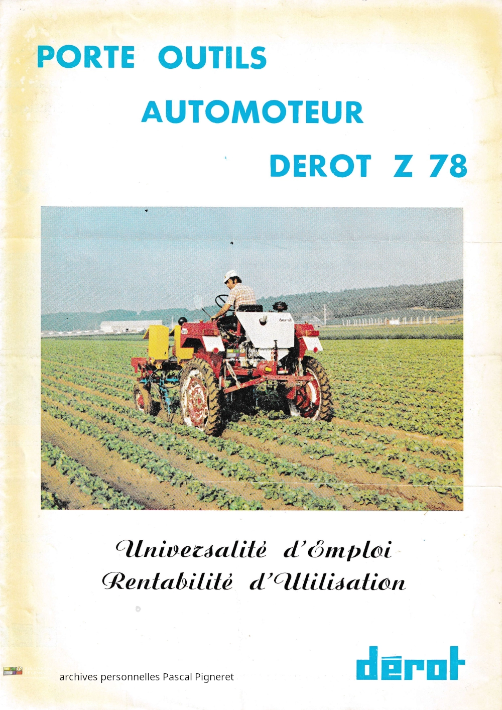 catalogue avec photo couleur de l'enjambeur à légumes Derot au travail