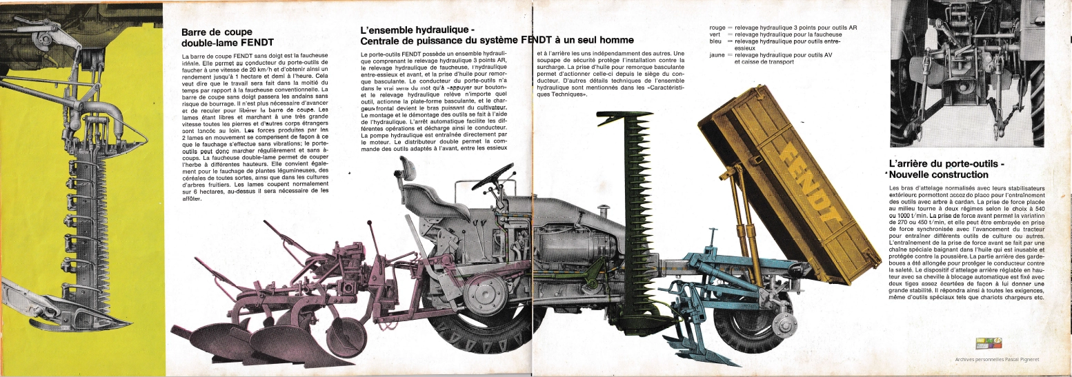 dessin du Fendt avec charrue arrière, barre de coupe ventrale, bineuse avant et benne basculante levée