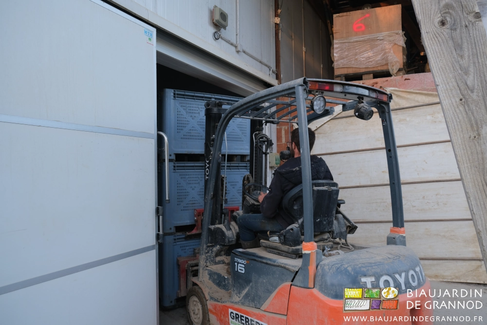 photo du chariot avec 3 palox passant la porte de la chambre froide